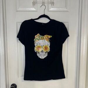 SHEIN Black Tee with Floral Skull Design